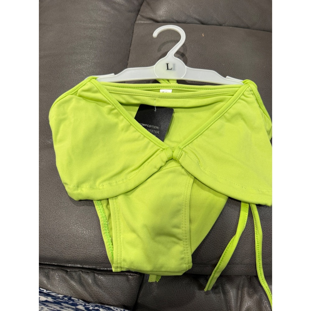 Neon Lime Green Two Piece Halter Bikini Set Draped Top High Cut‎ Bottom Large